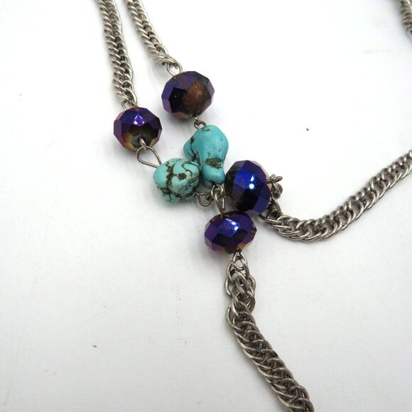 Station Bead Necklace 42" Long Silver Tone Chain Turquoise Faceted Blue Beads - Picture 5 of 6